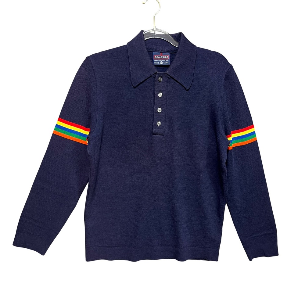 VTG 70s Demetre Navy Wool Polo Sweater Rainbow Stripe Mens Large USA Ski Retro